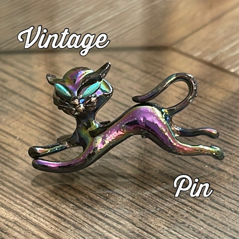 Vtg MCM Metallic Iridescent Cat Brooch Blue Turquoise Eyes Siamese Oil Slick